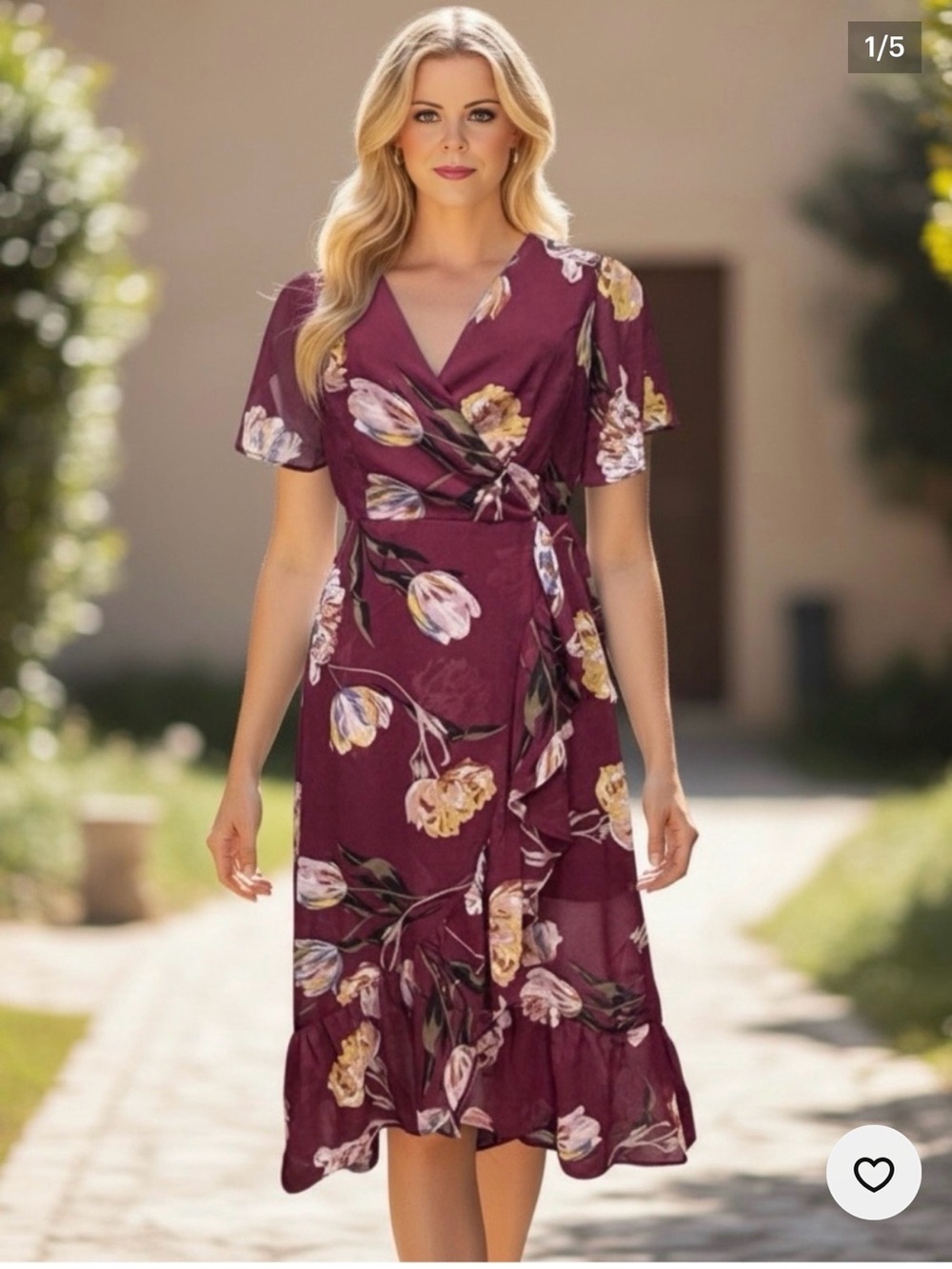 A New Day Burgundy Floral Wrap Midi Dress Size Small Flutter Sleeve